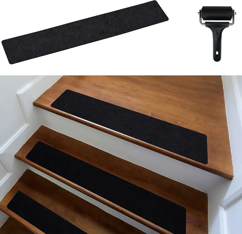 Treppenstufen Matten modern 15er Set, 60x12 cm groß Filz selbstklebend | Stufenmatten innen 15 Stück Teppich Treppenstufen Treppenteppich selbstklebend Treppen Teppichstufen schwarz