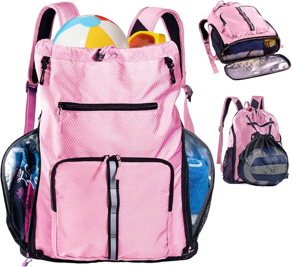 Large Beach Backpack w/Shoe Compartment &Detachable Ball Mesh Bag