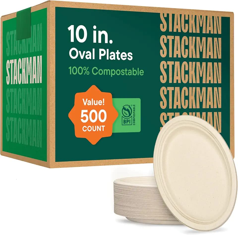100% Compostable Oval Paper Plates 10 inch [500-Bulk Pack] - (PFAS-Free) - (BPI Certified) Heavy Duty, Eco-Friendly, Biodegradable Bagasse Dinner Plates - Natural Brown 10" Plate