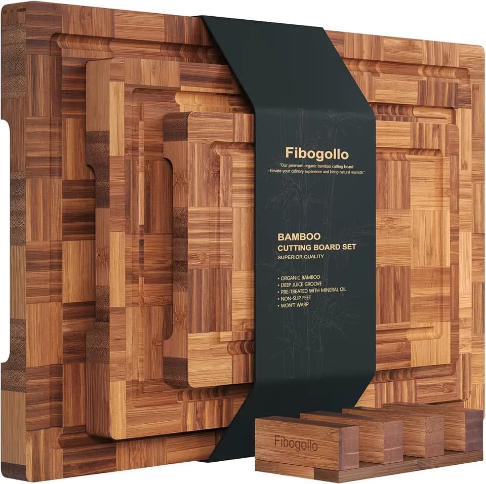 Fibogollo Set of 3 Bamboo Kitchen Cutting Boards with Juice Groove