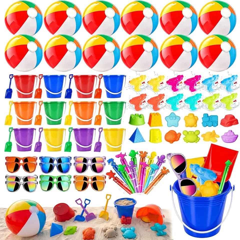 12PACK Beach Pool Party Favors Includes 84PCS Beach Toys for Kids Ages 4-8 8-12, Summer Sand Toys with Beach Balls, Kids Sunglasses, Bubble Wands, Buckets, Shovels, Molds, Party Decorations