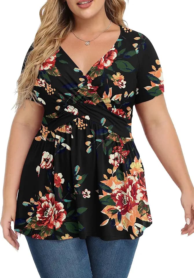 TIANZHU Women's Plus Size Short Sleeve Tops V Neck Casual Cute Tunic Top