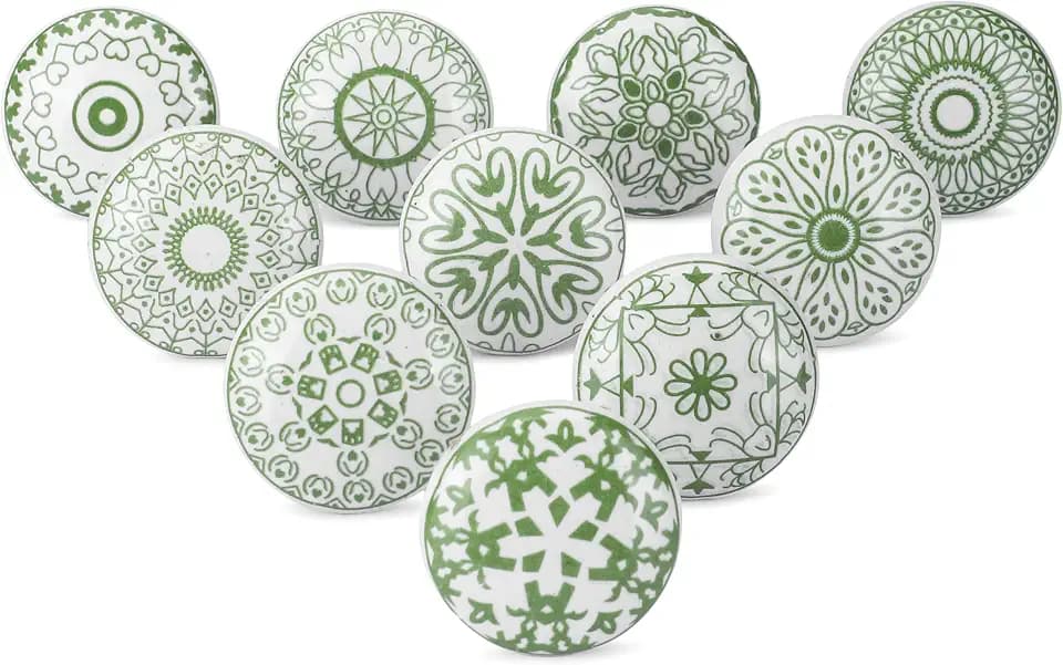 Ajuny 10 Green White Ceramic Cabinet Knobs Printed Drawer Pull Handles Set