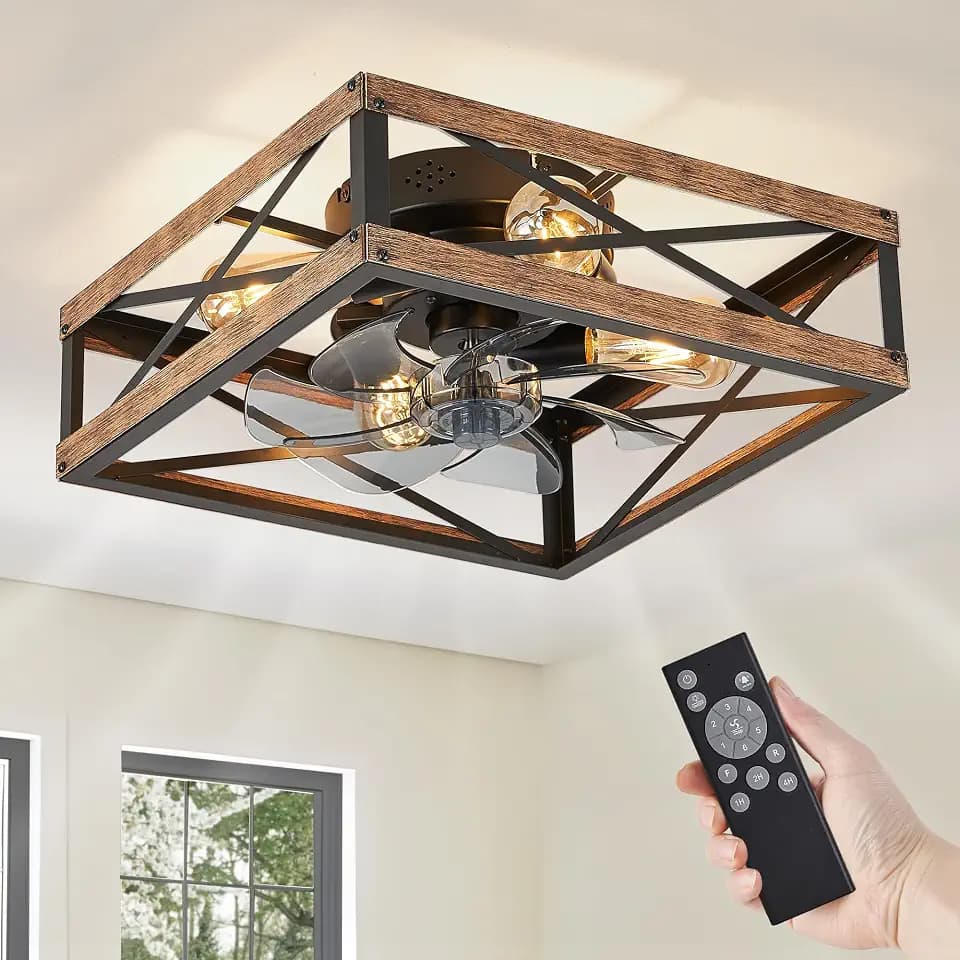 LEDIARY Caged Flush Mount Square Ceiling Fans with Lights and Remote