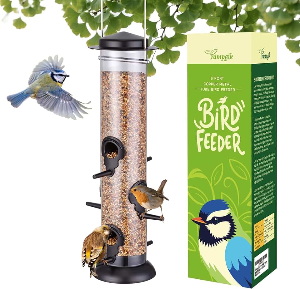 Metal Tube Bird Feeders for Outdoors Hanging,Finch Feeders for Outside,Chew-Proof Hanging Birdfeeder,Squirrel-Proof 6 Ports Bird Feeder 13 Inch,Anti-Rust,Black,1 Pack(Seed is not Included)