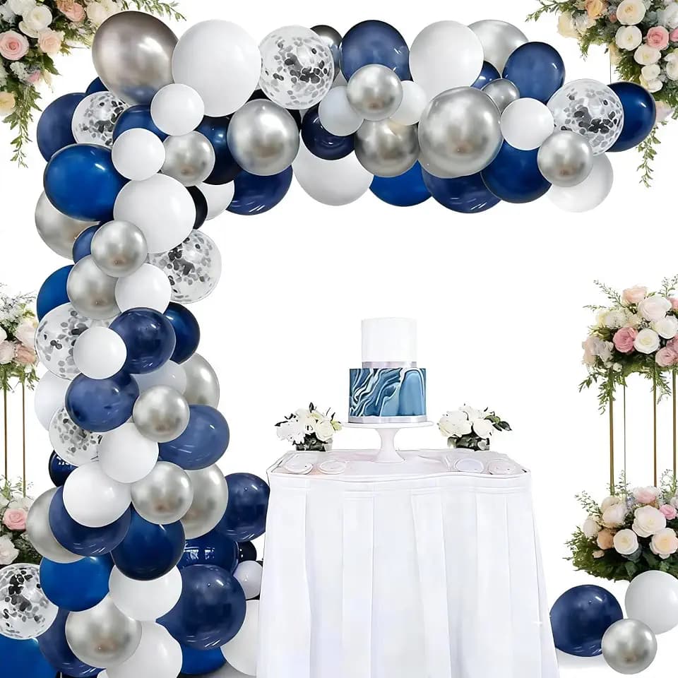 124pcs Blue Silver White Balloons Garland Arch Kit 5/10/12/18 Inch Royal Navy Blue White Metallic Silver Confetti Set for Birthday Wedding Graduation Party Father's Day Decor