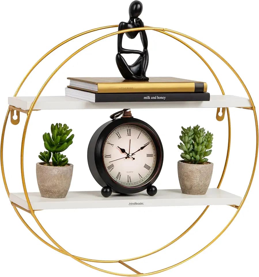 Mind Reader Round Wall Shelf, Gold Metal Frame with Dual White MDF Shelves, Decorative Wall Display for Living Room, Bathroom, Office, Metal. MDF, White
