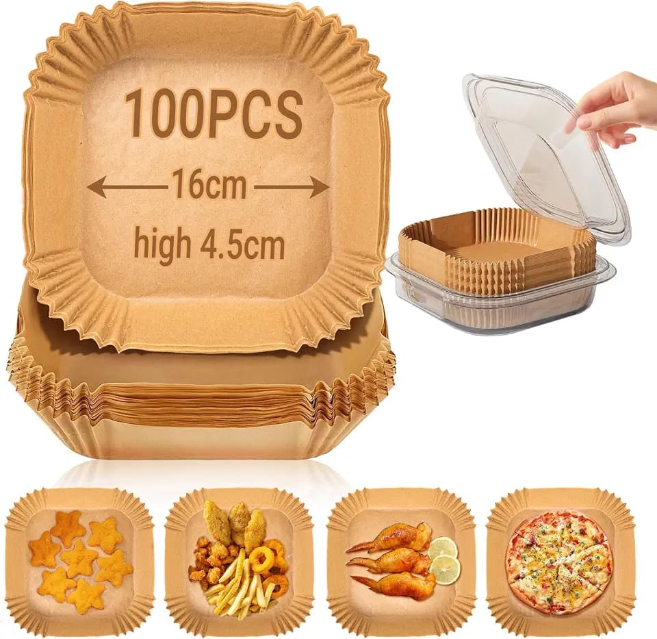 100 Stück Heißluftfritteuse Backpapier, 16-20 cm Airfryer für Hitzebeständig Heißluftfritteuse, Quadratische Backpapier für Airfryer und Accessoires, Braun