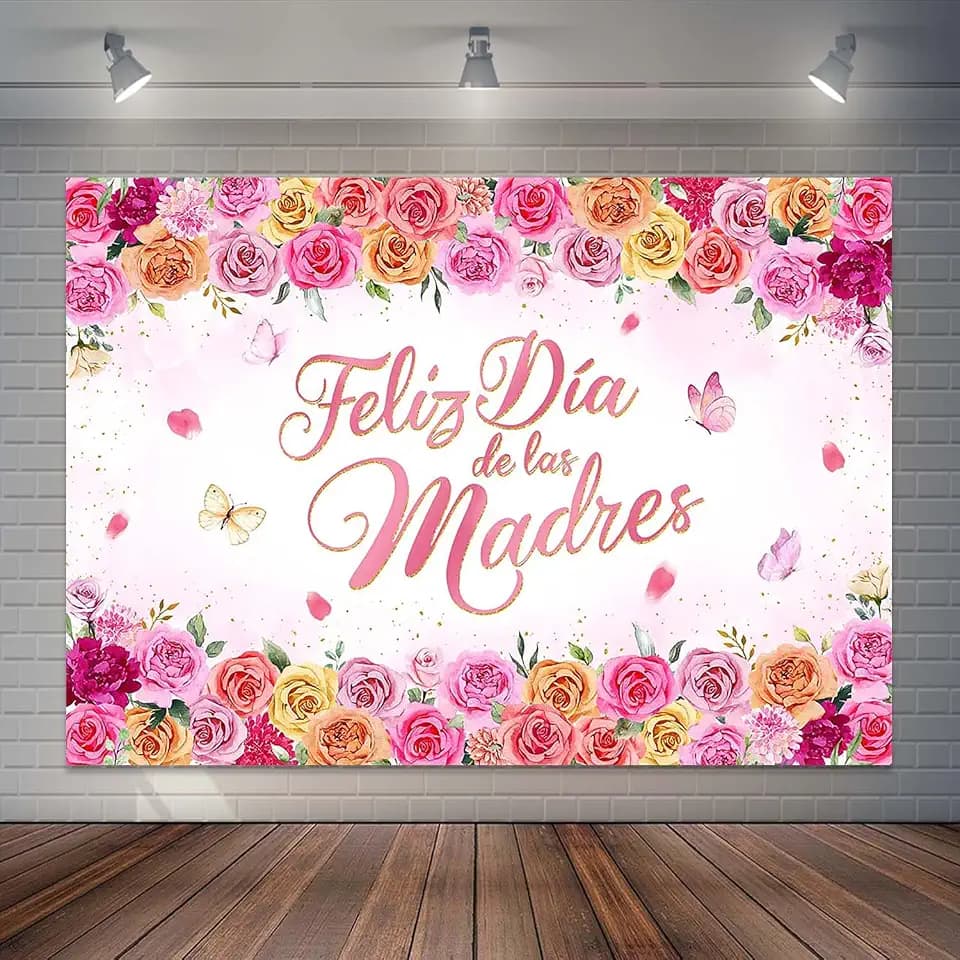 Feliz Dia De Las Madres Backdrop Hot Pink Floral Spanish Mother's Day Party Decorations Happy Mother's Day Photography Background Cake Table Banner (7x5ft)