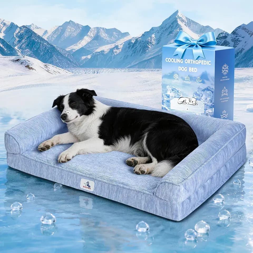 Cooling Dog Bed Medium Size Dogs, Orthopedic Dog Bed with Pillow Memory Foam Waterproof Couch Removable Cover Washable Nylon Pet Sofa with Non Slip Bottom Indoor Outdoor (36" Blue)