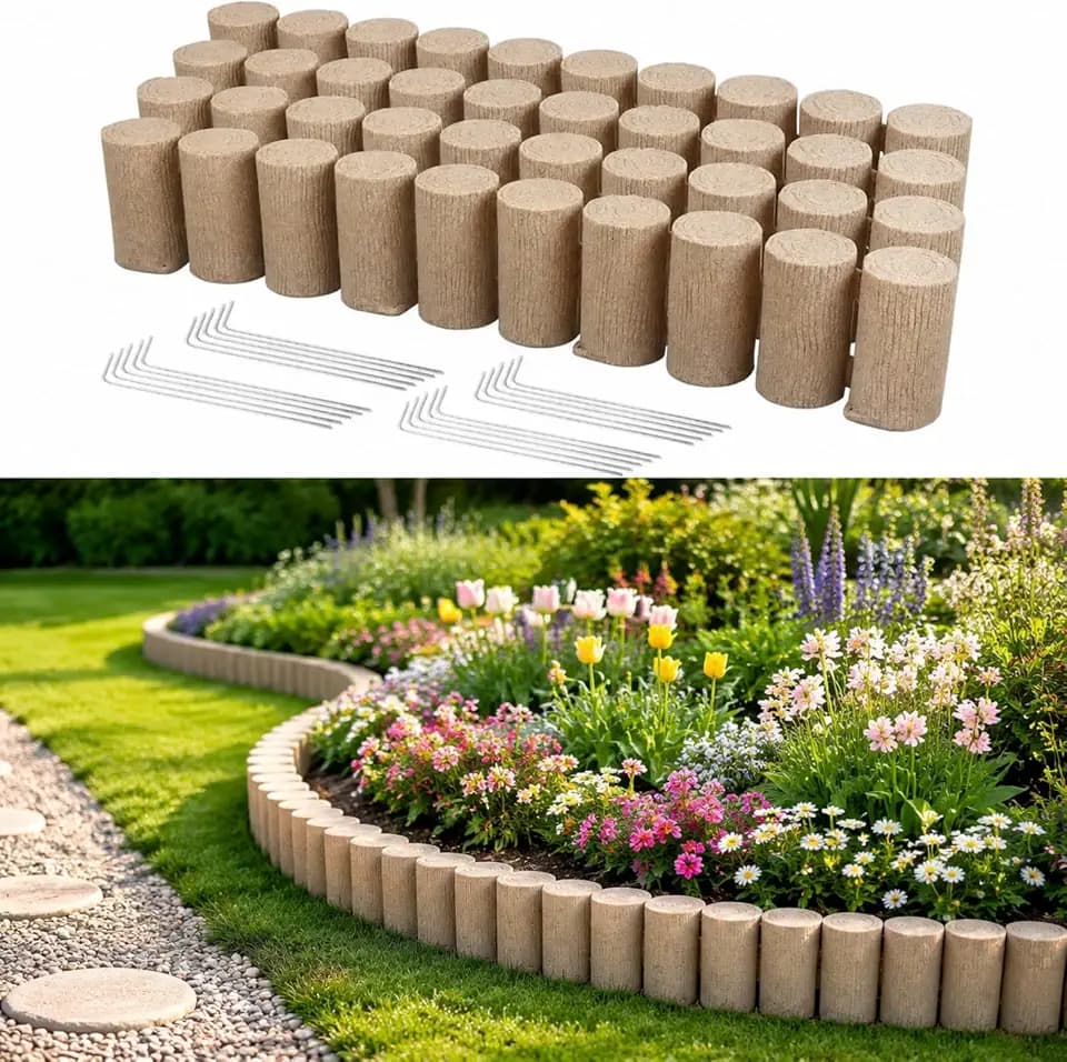 VEVOR No Dig Garden Edging Border, Faux Wood Landscape Edging, Flexible Plastic Lawn Edging for Tree, Flower Bed, Pathway, Yard, 4 Pack 10 Blocks 41.14"L x 3.74" W x 7.48"H, 32 Spikes Included, Beige