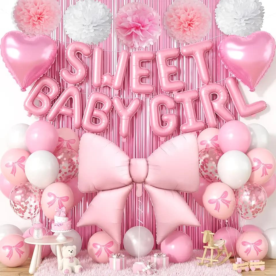 Pink Bow Baby Shower Decorations, Sweet Baby Girl Balloon Party Decor