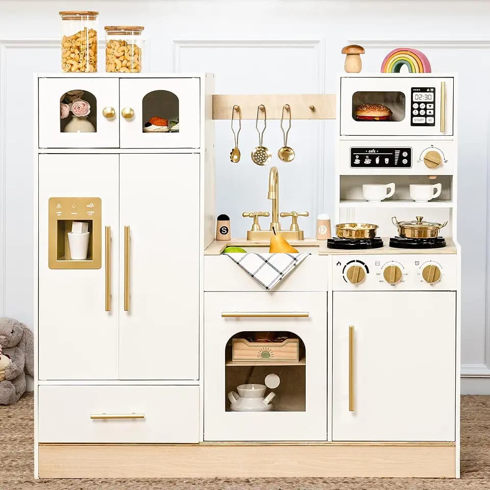 Wooden Play Kitchen Set with Tall Toy Fridge Pretend Play for Kids 3Y+