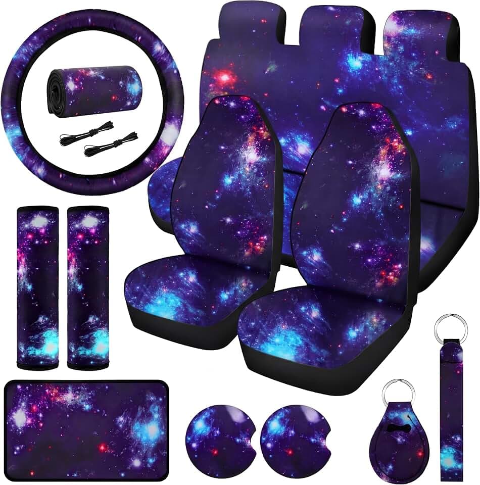 Frienda 15 Pieces Galaxy Car Seat Cover Steering Wheel Cover Universal Star Space Galaxy Car Accessories Separate Headrest Seat Belt Pads fit for Auto Truck Van SUV