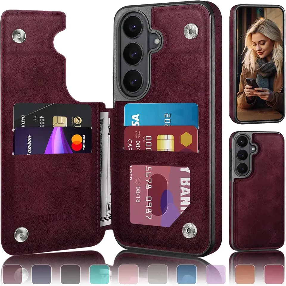 DJDUCK Designed for Samsung Galaxy S26 Plus Case Wallet with Card Holder, [Magnetic Clasp Cover] [RFID Blocking Leather Protection] Shockproof Women Men Cases for Samsung S26 Plus Wine Red