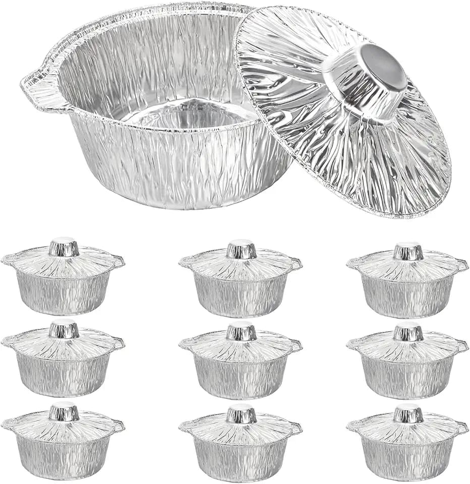 Frcctre 10 Pcs Disposable Aluminum Pot with LidS, Disposable 2 Liter Round Aluminum Foil Pan Food Container for Camping Vacation Trips Picnic Heating Cooking
