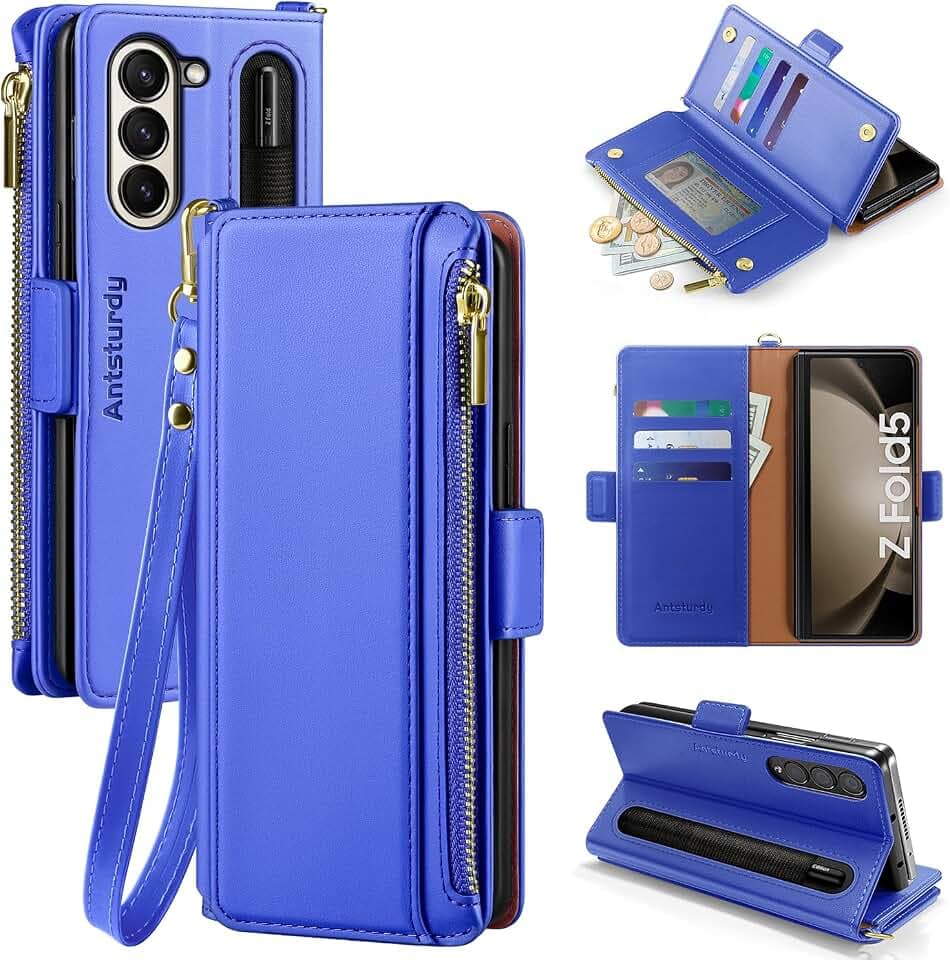 Antsturdy Compatible with Samsung Galaxy Z Fold 5 Case Wallet Women with【S Pen Holder】 Phone Case with Card Holder Strap PU Leather RFID Blocking Flip Protective Cover Credit Slots Men,Purple Blue