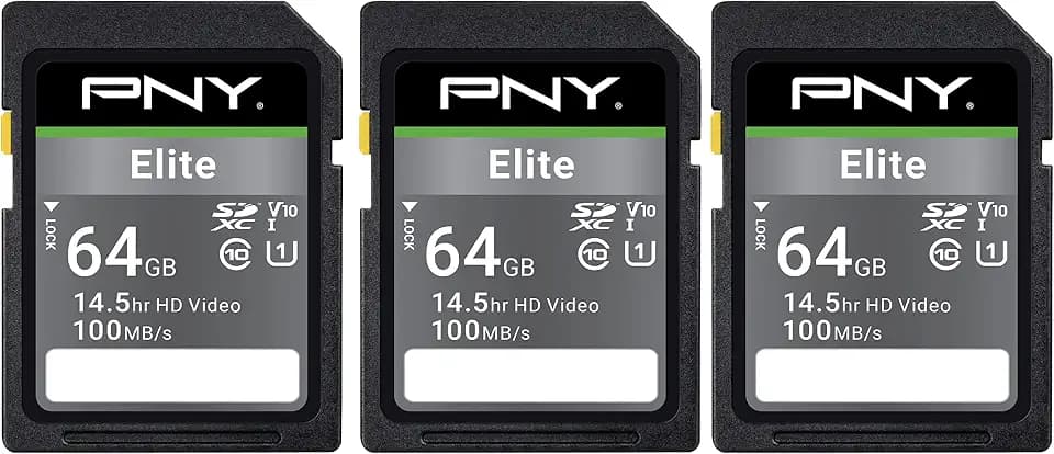 PNY 64GB Elite C10 U1 V10 SDXC Flash Memory Card 3-Pack, UHS-I, Full HD