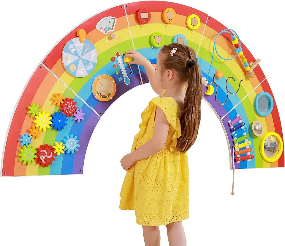 SPARK & WOW Regenbogen Spieltafel und Aktivitätscenter - Alter 18M+ - Sensorisches Wandspielzeug - 10 Aktivitäten - Aktivitätsbrett - Kindzimmer Dekoration