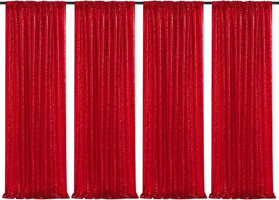 Red Sequin Backdrop Curtains-4 Panels 2FTx8FT Red Backdrop for Valentines Day, Glitter Party Decorations Background Drapes for Wedding Birthday Anniversary Graduation Photo Booth Decor