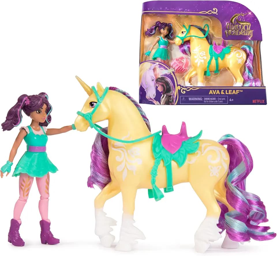 Unicorn Academy AVA und Einhorn Leaf Set - ca. 12 cm große Originalfiguren zur beliebten Netflix Serie mit Zwei Accessoires und Haarbürste für fantasievolles Rollenspiel, für Kinder ab 4 Jahren