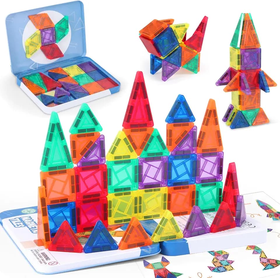 Magnetic Tiles Mini Travel Set with Case - Portable Magnetic Blocks Building for On-the-Go Play, Montessori STEAM Educational Sensory Toddler Toys for Boys Girls Ages 3+