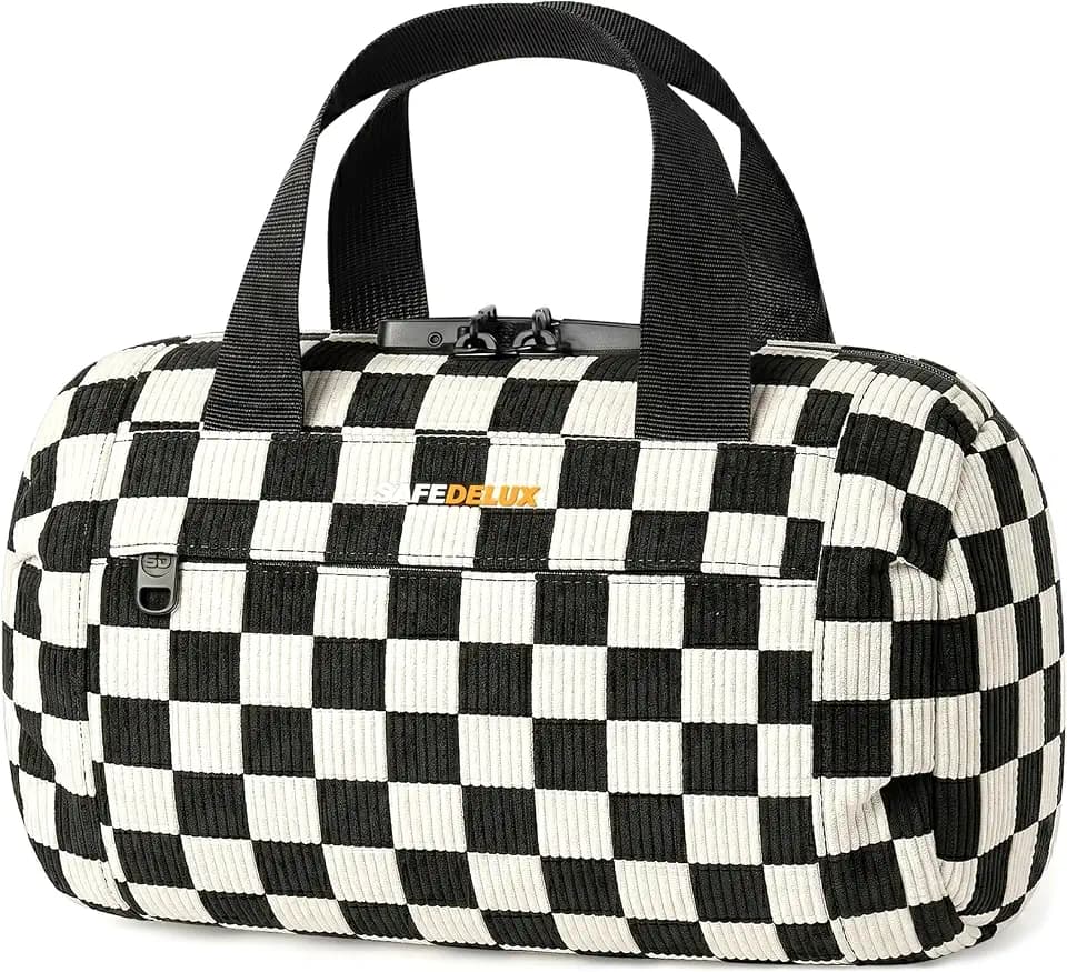 Smell Proof Bag with Combination Lock, Odorless Activated Carbon Fiber Anti-Odor Container, Portable Storage Case for Travel, Home, Office and Gift (Black Checkered, 10″x4.5″x6″)