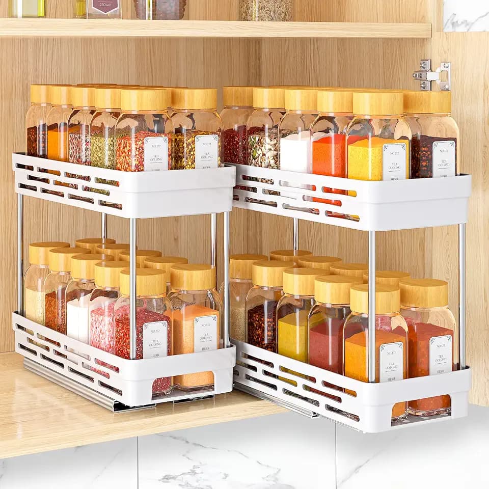 Ausziehbares Gewürzregal für Schrank, Gewürz-Organizer, Schrankgröße: 30,5 cm hoch x 27,9 cm tief x 12,7 cm breit, für 10 Gewürzgläser pro Ebene, 2 Ebenen, Weiß, 2 Stück