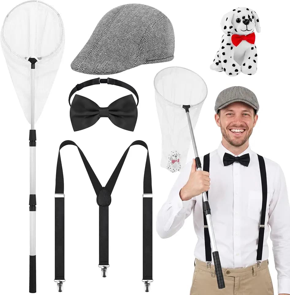Dog Catcher Costume Halloween Accessories Set with Dalmatian Dog Catcher Net Hat Bowtie Suspenders for Adult Men
