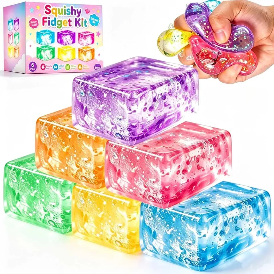BENWIL 6 Pack Big Glitter Sugar Ice Cube Squishy Stress Balls Kit - Cube Squeezee Fidget Squishy Box Toys for Kids Adults, Holiday and Birthday Gifts, Perfect Party Toy Gift, Easter Basket Gift