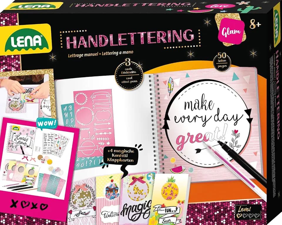 Lena 42335 - Handlettering Set Groß, Malset mit illustriertem Ringbuch, 4 Buchstaben Schablonen, 4 Stiften, 4 Stickerbögen und 4 Klappkarten, Handschrift Schreibset, Kreativset für Kinder ab 8 Jahren
