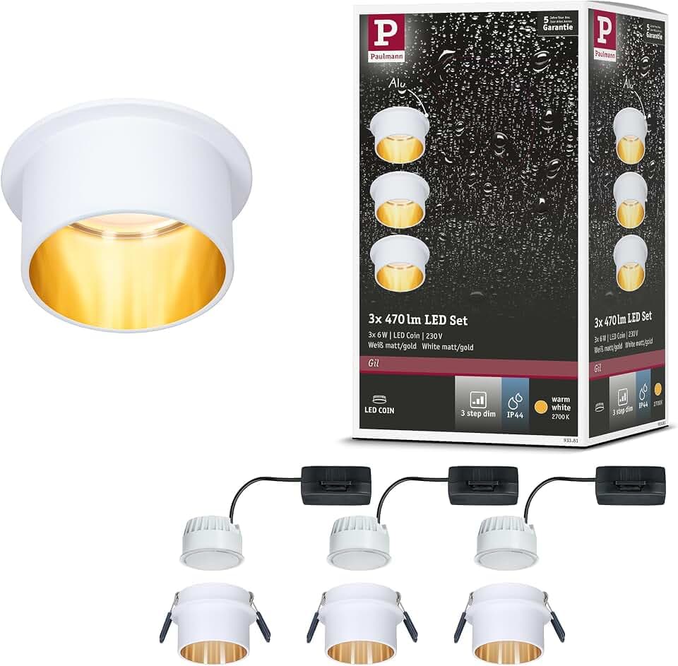 Paulmann 93381 LED Einbauleuchte Gil 3-Step-Dim Rund Incl. 3x6 Watt Dimmbar Weiß Matt, Gold Einbaustrahler Aluminium Spot 2700 K Coin