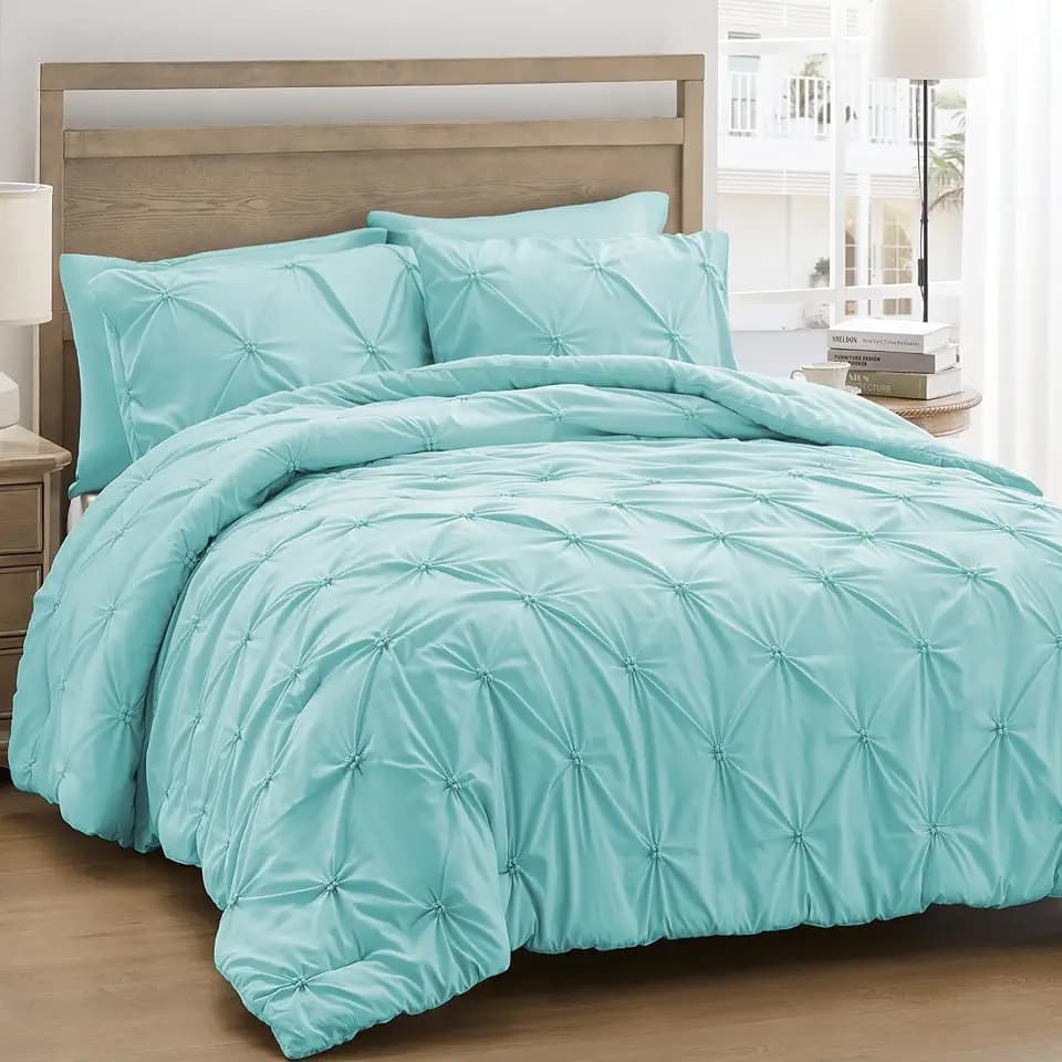 UNIKOME Queen Comforter Set Aqua Blue - Ultra Soft Boho Pintuck Down Alternative Bedding Set for All Seasons, 3 Pieces Warm Pinch Pleat Bed Set with Comforter, 2 Pillowcases