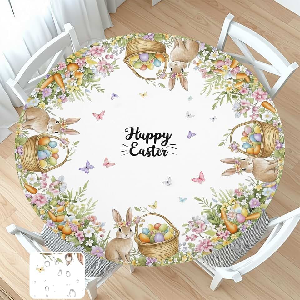 Happy Easter Bunny Round Fitted Tablecloth with Elastic Edge Rabbit Eggs Floral Circle Table Cloth for 40-44" Tables Reusable Wipeable Spring Colorful Easter Table Cover for Party Picnic Outdoor Decor