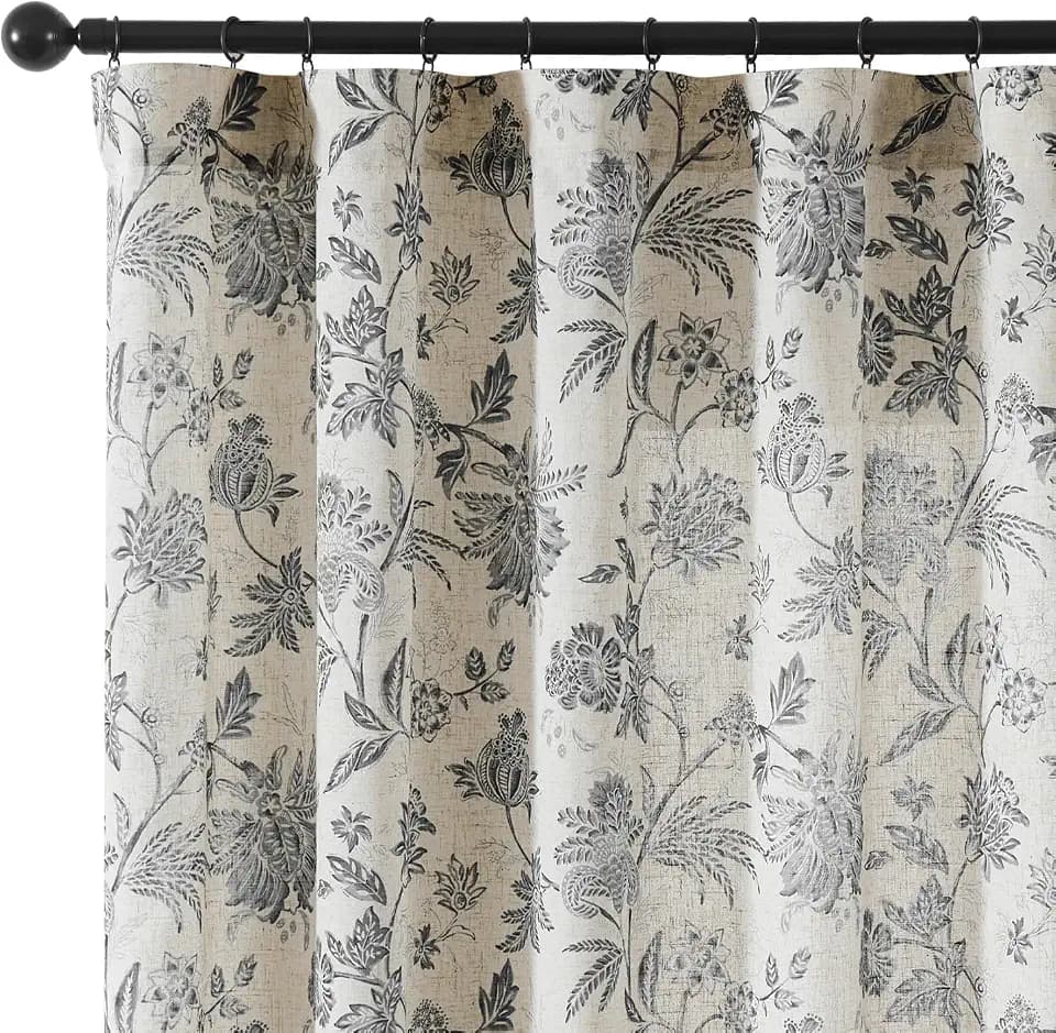 Vangao Black Floral Linen Curtains Farmhouse Jacobean Vine 63L 2 Panels