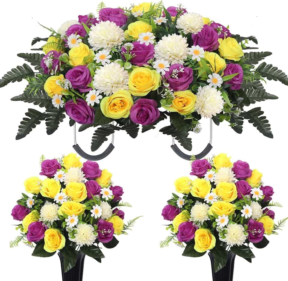 Wocst Cemetery Flowers for Grave,Headstone Flower Saddle 2sets Artificial 24 Heads Large Chrysanthemums Rose Daisy Bouquets with Cemetery Vases for Outdoor Grave Decorations (Purple Yellow, Large)