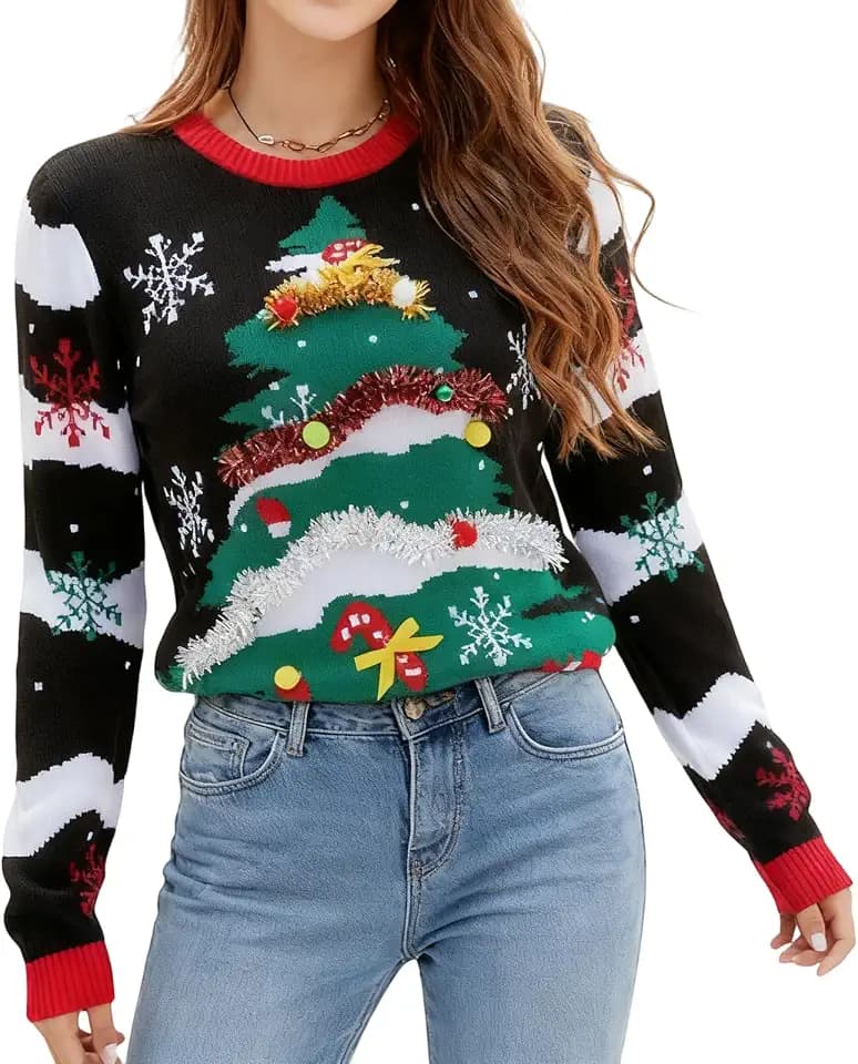 Moerstar Lustiger Weihnachtspullover Damen, Rentier Weihnachtsbaum Glocken Weihnachts Pullover, Langärmliger Rundhals Christmas Sweater
