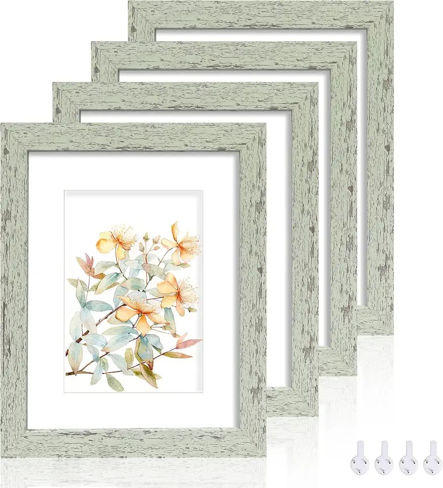 Hongkee 8x10 Picture Frame Set of 4, Real Glass and Wood Frame, 5x7 Mat