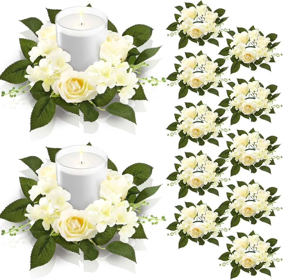 Jutom 12 Pcs Wedding Rose Candle Rings Artificial Floral Wreaths with Green Leaves Flower Candle Rings Candleholders Garland for Pillar Centerpiece Party Table Decor, 3.94'' Inner Diameter, White