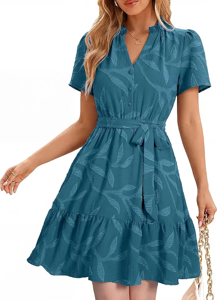 Simplee Womens Summer Dresses 2026 Casual Short Sleeve Empire Waist A Line Mini Dress V Neck Boho Sundress Pockets