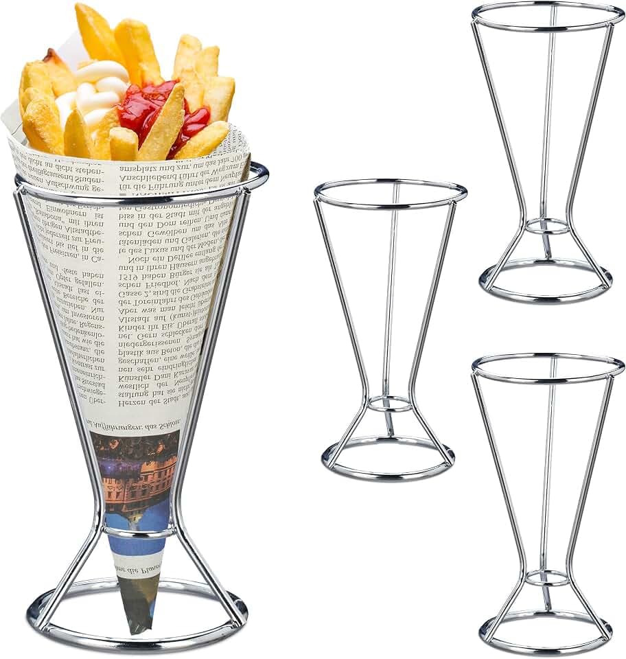 Relaxdays Pommeshalter, 4er Set Pommestütenhalter aus Edelstahl, HxD 16 x 9,5 cm, Spitztüten-Ständer für Pommes, silber