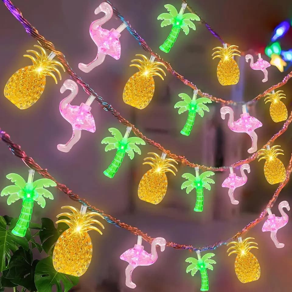 Olixmlya 30 LED [ 8 Modes & Timer ] 16Ft Summer Tropical Beach Hawaiian String Lights Tropical Flamingo Pineapple Palm Tree Fairy Lights Battery Operated for Party Beach Pool Summer Decor