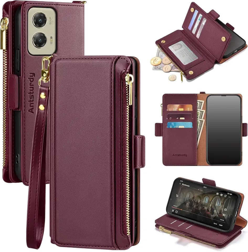 Antsturdy Compatible with Motorola Moto G Stylus 5G 2024 Wallet Case with Card Holder,Women Men PU Leather Flip Protective Phone Case RFID Blocking Stand Wrist Strap Zipper Credit Card Slots,Wine Red