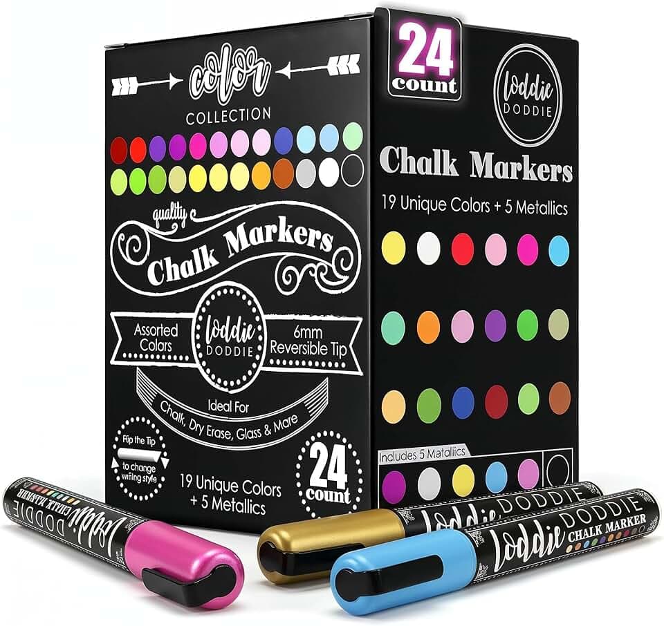 Loddie Doddie Chalk Markers, Liquid Chalk Pens, Reversible Tips, 24 Pack
