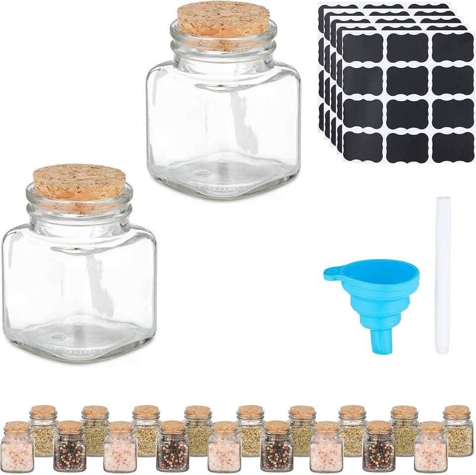 Relaxdays Gewürzgläser, 20er Set, Gewürzdosen Glas, 100 ml, inkl. Etiketten & Trichter, Korkdeckel, transparent/Natur