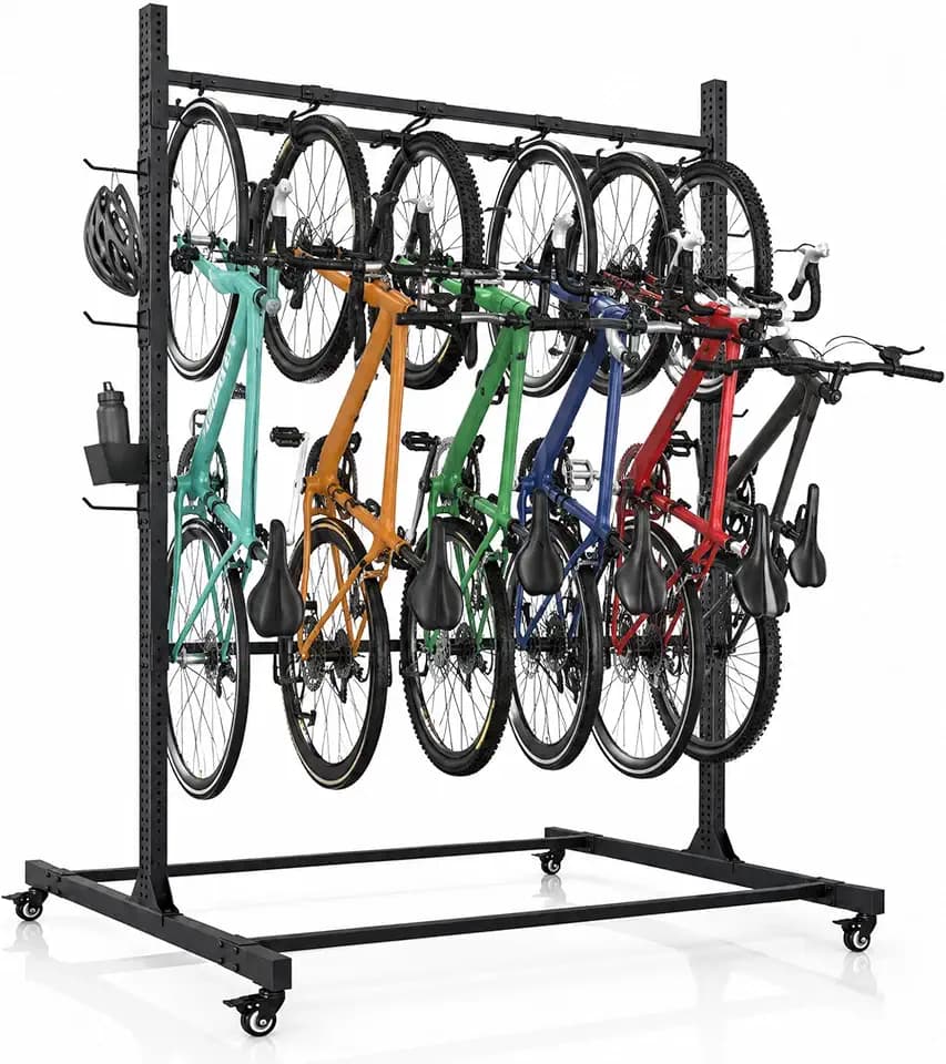 Fahrradständer Freistehend für 7 Fahrräder und 7 Helme, Schwerlast Bodenständer Fahrradhalterung für Garage & Wohnung, Platzsparendes Fahrrad Parksystem Ohne Bohren, 117x117x198cm