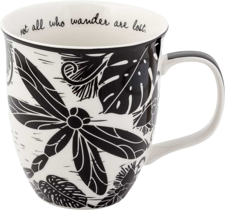 Karma Gifts 14 oz Black and White Boho Mug Dragonfly - Cute Coffee and Tea Mug - Ceramic Coffee Mugs for Women and Men
