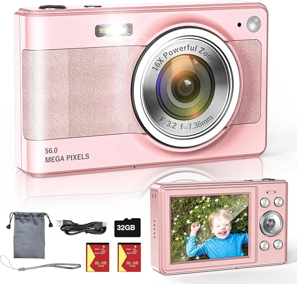 Digital Camera - 56MP Photos & 1080P Videos, 16x Zoom,Includes 32GB Card, Battery, Lanyard - Best Gift for Kids