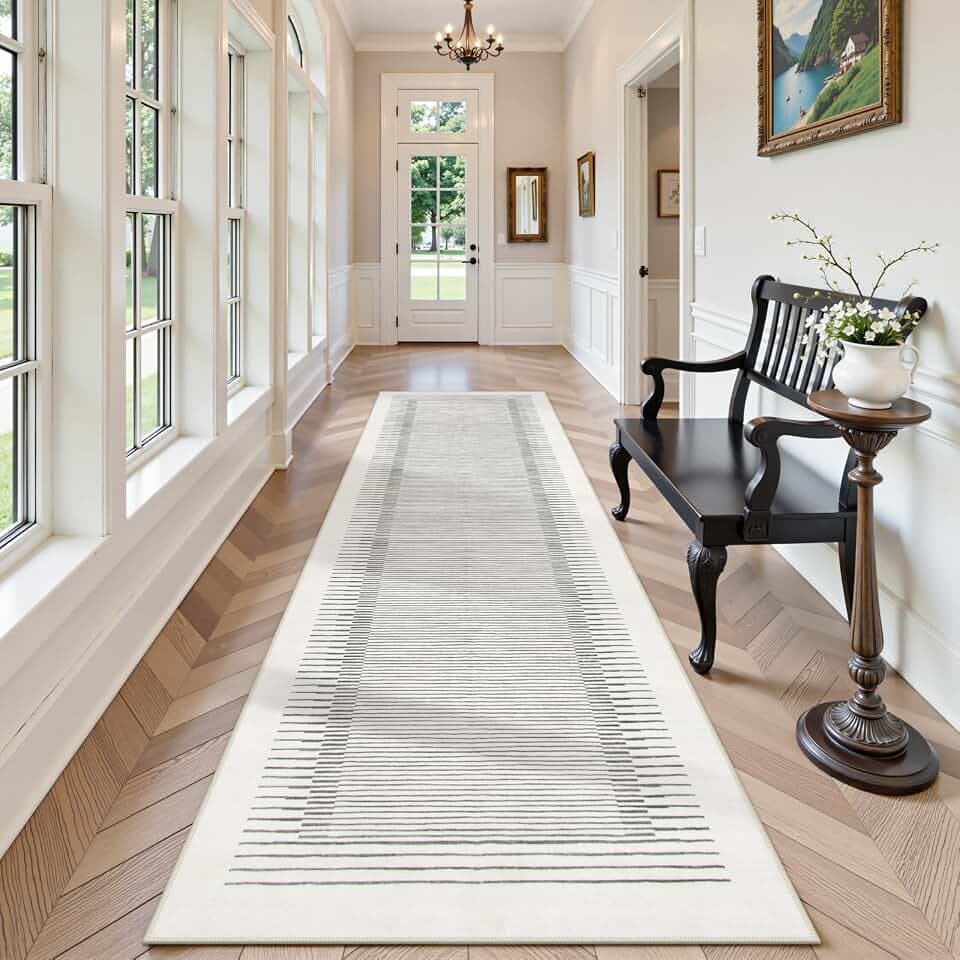 Morebes Modern White 2.5x8 Hallway Runner Rug, Berber Striped Kitchen Rugs Non Slip Washable Runner Rug, Soft Low Pile Indoor Floor Carpet for Bathroom Bedroom Laundry