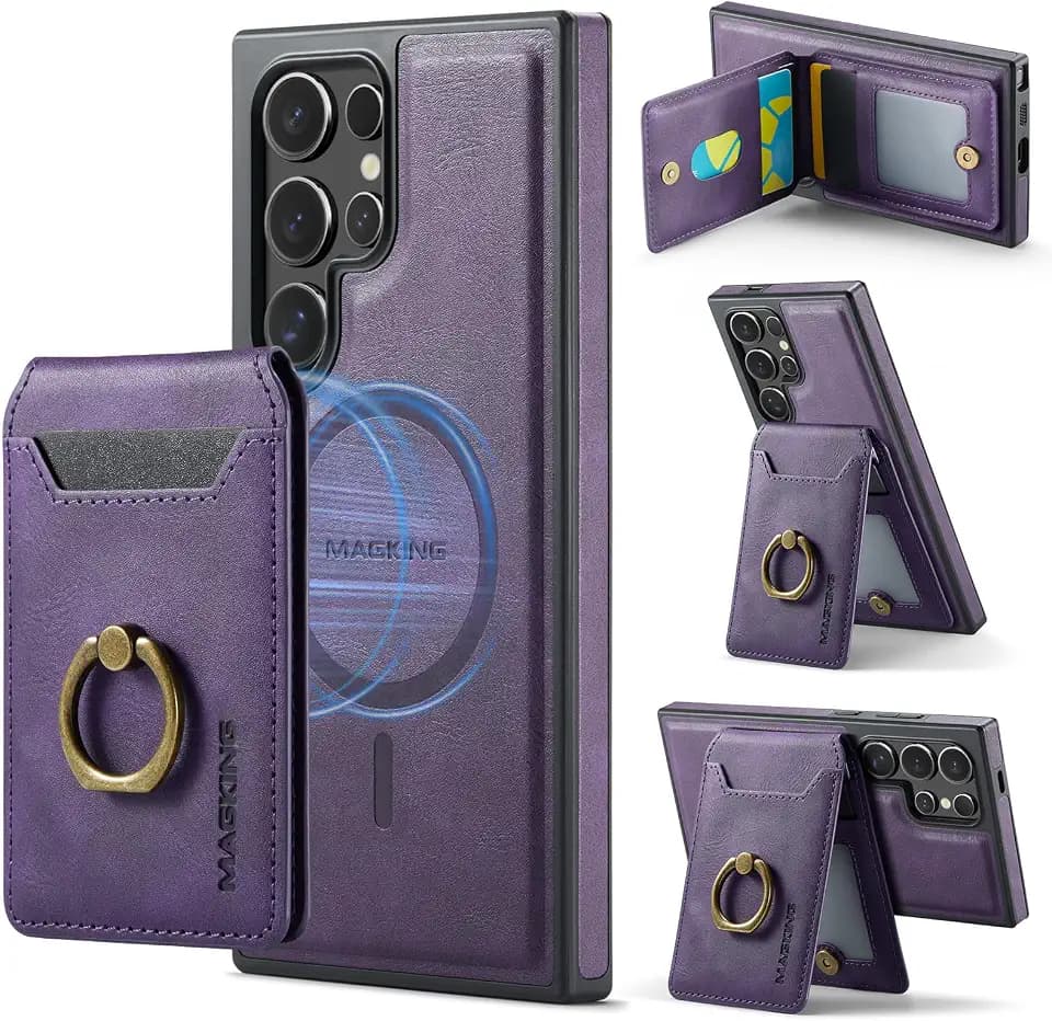 for Samsung Galaxy S26 Ultra 2 in 1 Detachable Card Bag Wallet Case Durable Leather Wallets Magnetic Card Holder 4 Card Slots Ring Stand RFID Blocking Purple
